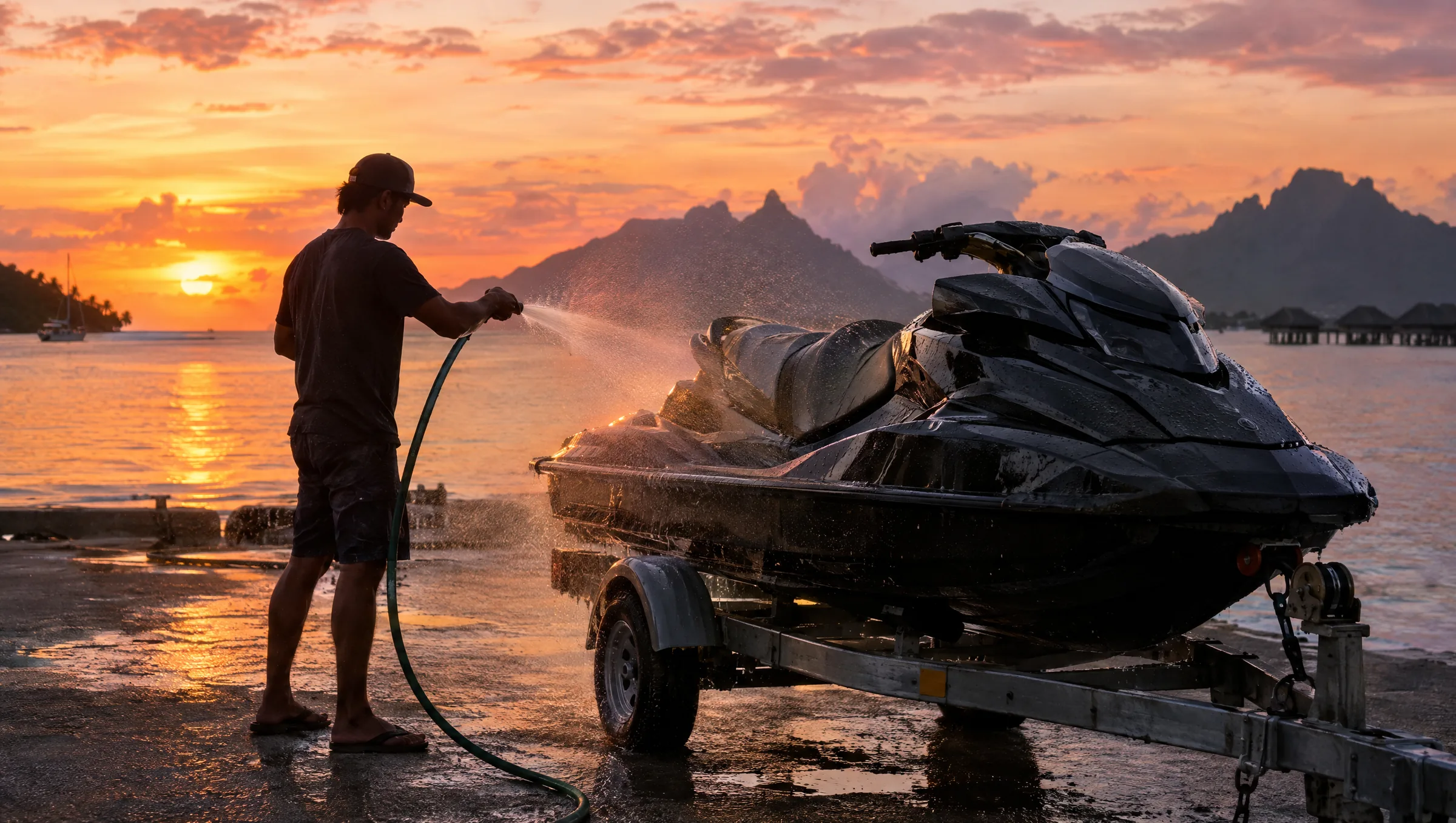 Le jet-ski au retour, au coucher du soleil
